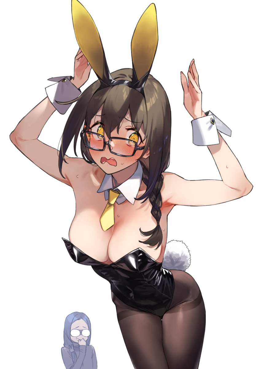 2girls 92m absurdres animal_ears bare_shoulders black-framed_eyewear black_leotard breasts brown_pantyhose cleavage commentary_request dateko fake_animal_ears glasses hands_up highres kakita_(92m) large_breasts leotard multiple_girls original pantyhose rabbit_ears simple_background white_background yellow_eyes