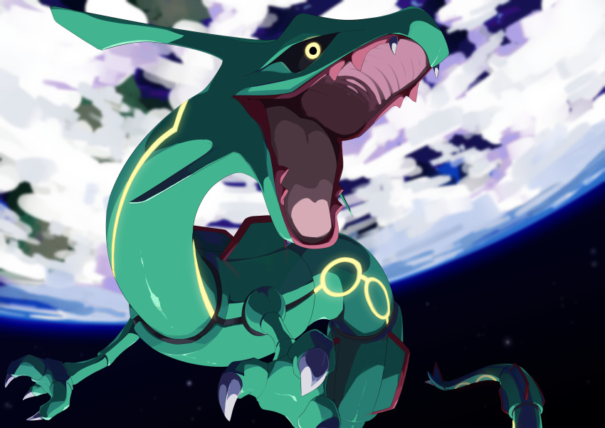 absurdres black_sclera claws colored_sclera commentary_request dragon eastern_dragon fangs highres kura_(shironagasu02) no_humans open_mouth pokemon pokemon_(creature) rayquaza solo tongue yellow_eyes