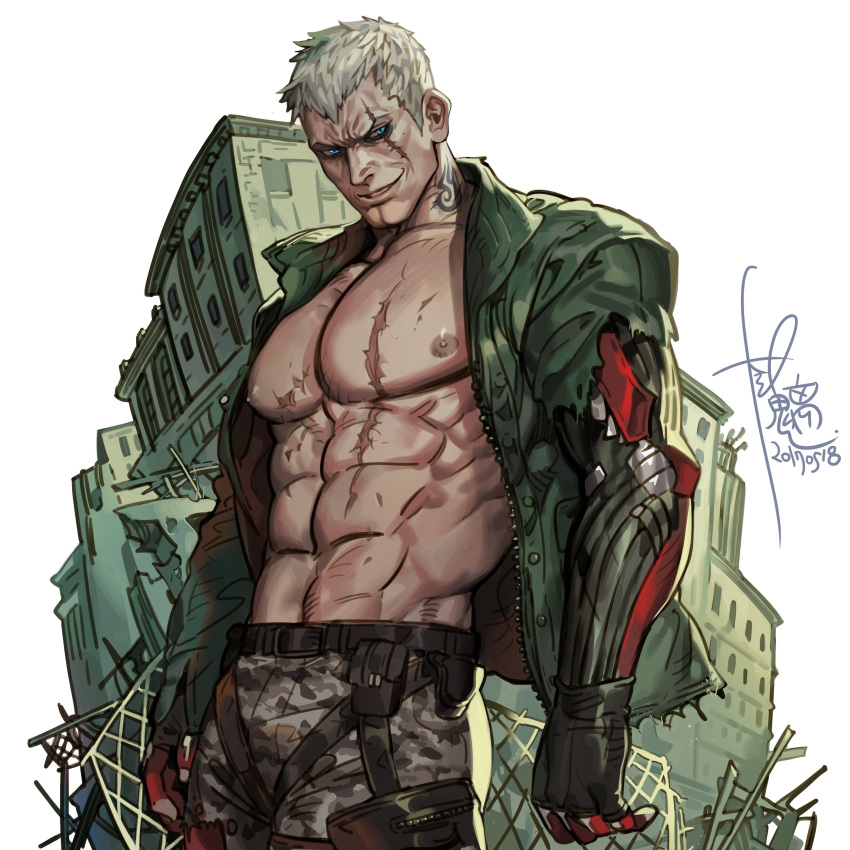 1boy absurdres bara bare_pectorals belt bryan_fury camouflage camouflage_pants closed_mouth evil_smile green_jacket grey_eyes grey_hair highres jacket long_sleeves looking_at_viewer male_focus military_jacket navel nipples open_clothes open_jacket pants pectorals scar scar_on_chest short_hair signature simple_background smile solo stomach tattoo tekken tekken_7 torn_jacket upper_body white_background yi_lee