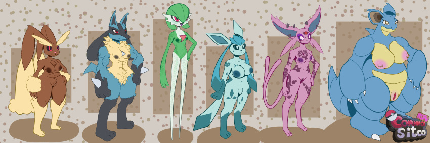 absurd_res anthro big_breasts black_sclera blue_body blue_eyes blue_fur blue_nipples blue_sclera breasts brown_body brown_eyes brown_fur brown_nipples canid canine clitoris clitoris_piercing conmasitco ear_piercing eeveelution espeon fan_character female freckles fur gardevoir generation_1_pokemon generation_2_pokemon generation_3_pokemon generation_4_pokemon genital_piercing genitals glaceon green_body green_nipples group hi_res huge_breasts lagomorph leporid lopunny lucario mammal mature_female medium_breasts model_sheet monster muscular muscular_female nidoqueen nintendo nipple_piercing nipples penis piercing pink_body pink_fur pink_nipples pokemon pokemon_(species) pubes purple_nipples purple_sclera pussy rabbit red_eyes short_stack slightly_chubby small_breasts tail taller_female tattoo thick_thighs trans_(lore) trans_woman_(lore) white_body white_eyes wide_hips