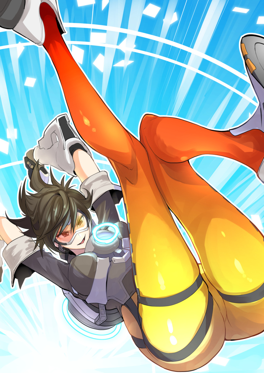 1girl :d animification ass bangs blue_background boots brown_eyes brown_gloves brown_hair brown_jacket clash_kuro_neko gloves goggles gun highres holding holding_gun holding_weapon holographic_interface jacket looking_at_viewer open_mouth orange_pantyhose overwatch pantyhose shoe_soles short_hair short_sleeves smile solo spiked_hair tracer_(overwatch) weapon white_footwear