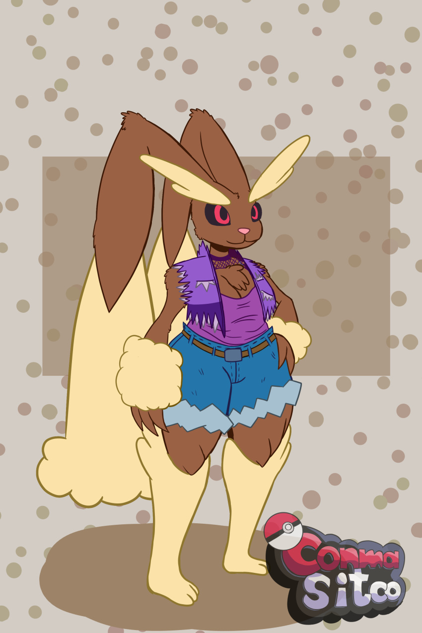 absurd_res anthro big_ears black_sclera bottomwear breasts brown_body brown_fur brown_nipples clothing conmasitco cutoffs denim denim_clothing female fishnet_clothing floppy_ears fur generation_4_pokemon hi_res jacket lagomorph leporid lop_ears lopunny mammal nintendo nipples pokemon pokemon_(species) rabbit red_eyes shorts slightly_chubby solo solo_focus thick_thighs topwear wide_hips