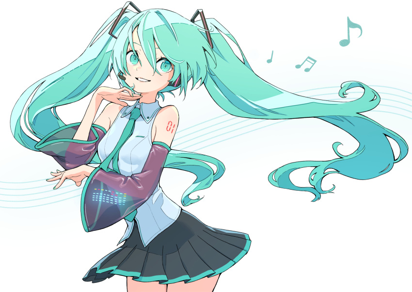 1girl absurdres bangs blue_eyes blue_hair blue_nails blue_necktie blue_shirt blue_skirt detached_sleeves hair_between_eyes hair_ornament hatsune_miku headset highres kawayabug long_hair musical_note necktie shirt skirt smile solo twintails very_long_hair vocaloid white_background