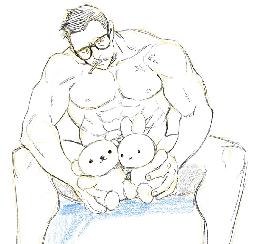 1boy abs bara billy_russell_(dickfish) cigarette completely_nude convenient_censoring dickfish_(fishismdick) facial_hair feet_out_of_frame glasses highres holding holding_stuffed_toy leaning_forward male_focus mature_male muscular muscular_male mustache nipples nude original pectorals scan short_hair sideburns sitting sketch solo spread_legs stomach stuffed_animal stuffed_bunny stuffed_toy traditional_media