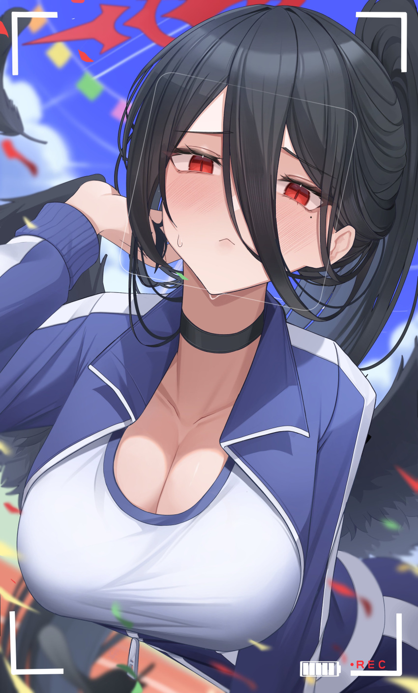 1girl absurdres battery_indicator black_hair black_wings blue_archive blue_jacket breasts choker cleavage collarbone day halo hanging_breasts hasumi_(blue_archive) hasumi_(gym_uniform)_(blue_archive) highres huge_breasts jacket large_breasts long_hair long_sleeves looking_at_viewer outdoors pang-yo ponytail red_eyes shirt solo very_long_hair viewfinder white_shirt wings