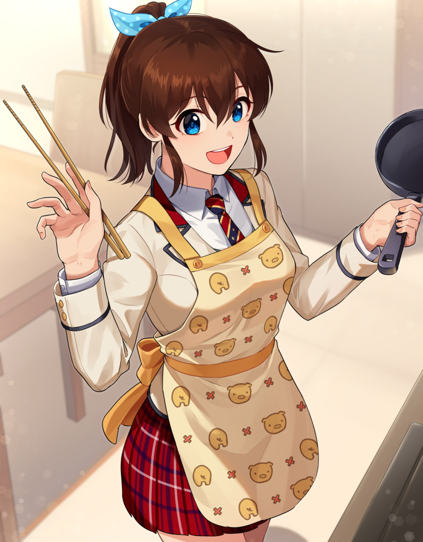 1girl apron blue_eyes breasts brown_hair chopsticks frying_pan highres holding holding_chopsticks idolmaster idolmaster_million_live! indoors jacket kamille_(vcx68) medium_breasts necktie open_clothes open_jacket plaid plaid_skirt pleated_skirt ponytail red_skirt round_teeth satake_minako school_uniform skirt smile solo teeth uniform_series_(idolmaster) upper_teeth_only yellow_apron