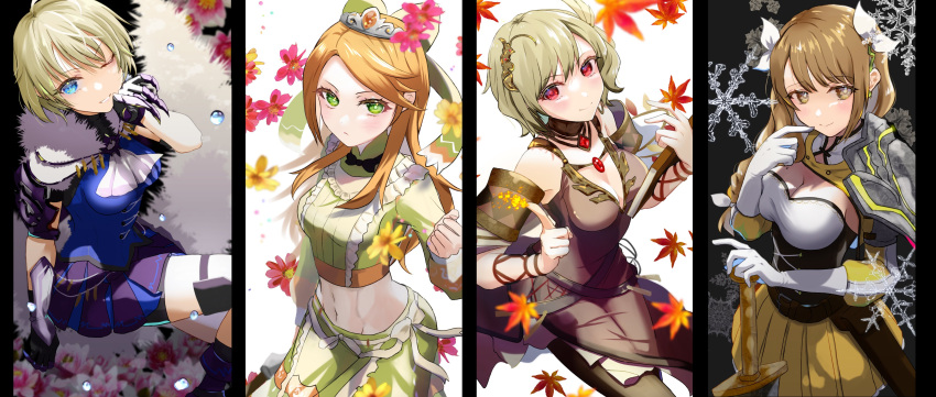 4girls abs absurdres ahoge armor armored_dress ascot autumn_leaves bangs bare_shoulders belt belt_buckle black_corset blonde_hair blue_eyes blue_shirt blush book bow braid braided_ponytail breasts brown_belt brown_eyes brown_hair buckle citrinne_(fire_emblem) cleavage closed_mouth commentary_request corset cover crop_top detached_sleeves dress etie_(fire_emblem) finger_to_mouth fire_emblem fire_emblem_engage flower flower_on_head fur_trim gloves goldmary_(fire_emblem) green_eyes hair_bow hair_ornament hair_ribbon highres holding holding_sword holding_weapon jewelry large_breasts long_hair long_sleeves looking_at_viewer medium_breasts merrin_(fire_emblem) midriff miniskirt mole mole_on_breast mu_tu_bu multiple_girls navel one_eye_closed orange_hair puffy_long_sleeves puffy_sleeves purple_skirt red_eyes ribbon shirt short_dress short_hair shorts shorts_under_skirt shoulder_armor simple_background skirt smile stomach swept_bangs sword thigh_strap tiara underbust upper_body wavy_hair weapon white_gloves white_ribbon wing_hair_ornament yellow_dress yellow_skirt