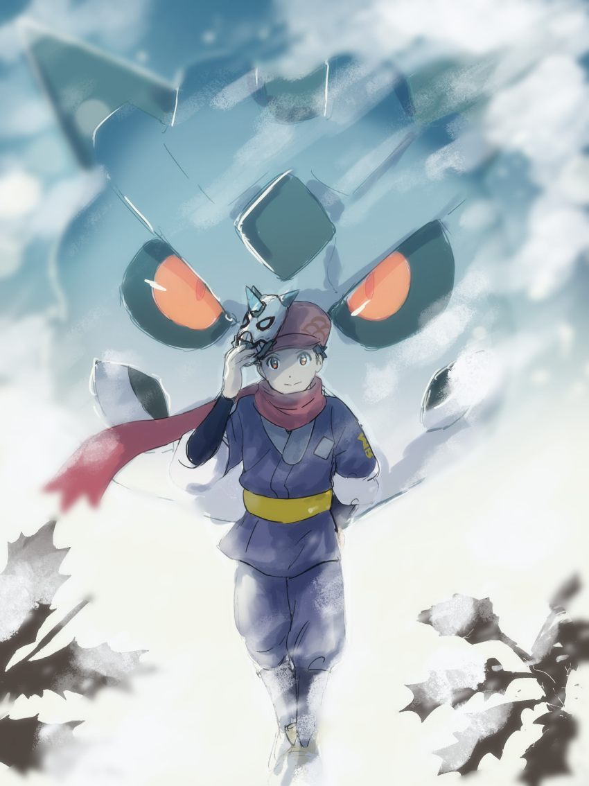 1boy absurdres alternate_color arm_behind_back black_hair black_shirt blurry character_mask closed_mouth commentary_request floating_scarf glalie hat highres holding holding_mask jacket looking_at_viewer male_focus mask mask_on_head outdoors pants pokemon pokemon_(game) pokemon_legends:_arceus red_headwear red_scarf rei_(pokemon) ryu_gamori scarf shiny_pokemon shirt shoes short_hair smile snowing