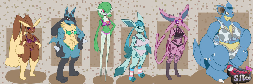 absurd_res animal_print anthro big_breasts black_sclera blue_body blue_eyes blue_fur blue_sclera bra breasts brown_body brown_eyes brown_fur canid canine clothing conmasitco cow_print ear_piercing eeveelution espeon fan_character female fishnet fishnet_legwear freckles fur gardevoir generation_1_pokemon generation_2_pokemon generation_3_pokemon generation_4_pokemon glaceon group hi_res huge_breasts lagomorph legwear leporid lgbt_pride lopunny lucario mammal mature_female medium_breasts model_sheet monster muscular muscular_female nidoqueen nintendo panties piercing pink_body pink_fur pokemon pokemon_(species) pride_colors pubes purple_sclera rabbit red_eyes short_stack slightly_chubby small_breasts tail taller_female tattoo thick_thighs trans_(lore) trans_woman_(lore) transgender_pride_colors underwear white_body white_eyes wide_hips