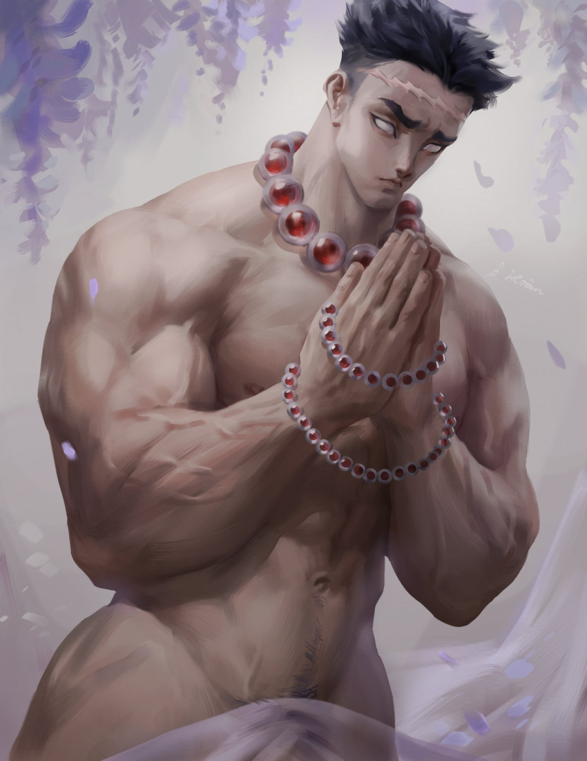 1boy abs bara beads bich_hoan black_hair closed_mouth convenient_censoring falling_petals flower highres himejima_gyoumei jewelry kimetsu_no_yaiba large_pectorals male_focus muscular muscular_male navel nipples no_pupils palms_together pectorals petals prayer_beads praying purple_flower scar scar_on_face scar_on_forehead short_hair sidecut solo wisteria