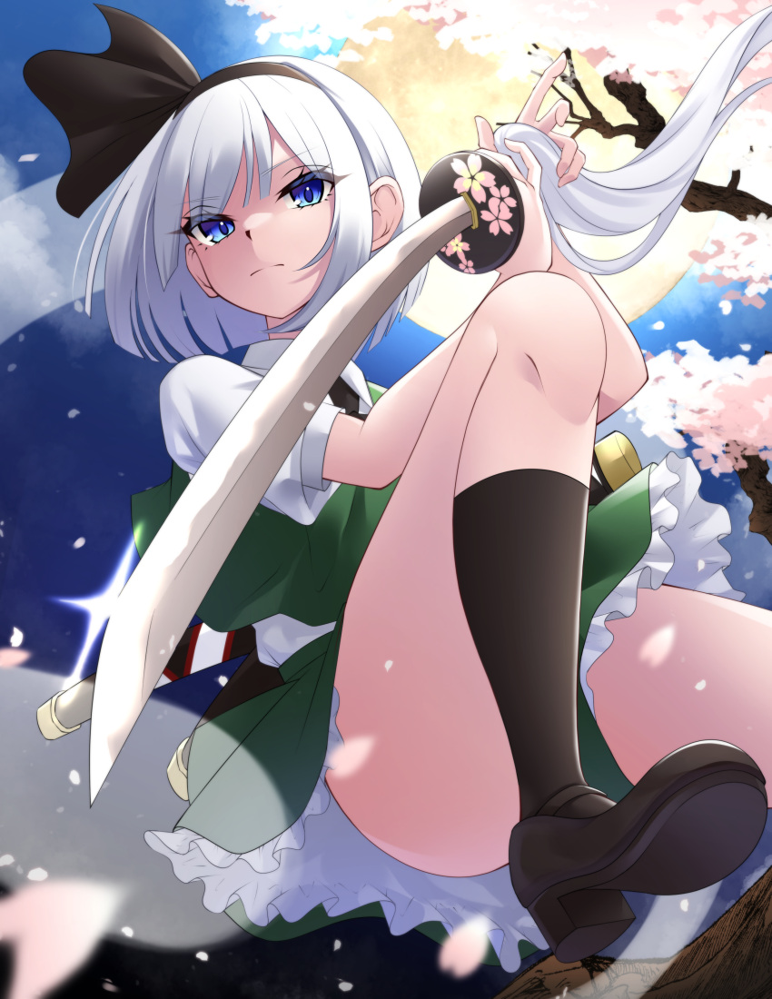 1girl absurdres bangs black_footwear black_hairband black_socks blue_eyes cherry_blossoms closed_mouth collared_shirt commentary_request frilled_skirt frills full_moon ghost green_skirt green_vest hairband high_heels highres holding holding_sword holding_weapon katana konpaku_youmu konpaku_youmu_(ghost) looking_at_viewer moon night onikoroshi shirt short_hair short_sleeves skirt sky socks solo sword thighs touhou vest weapon white_hair white_shirt