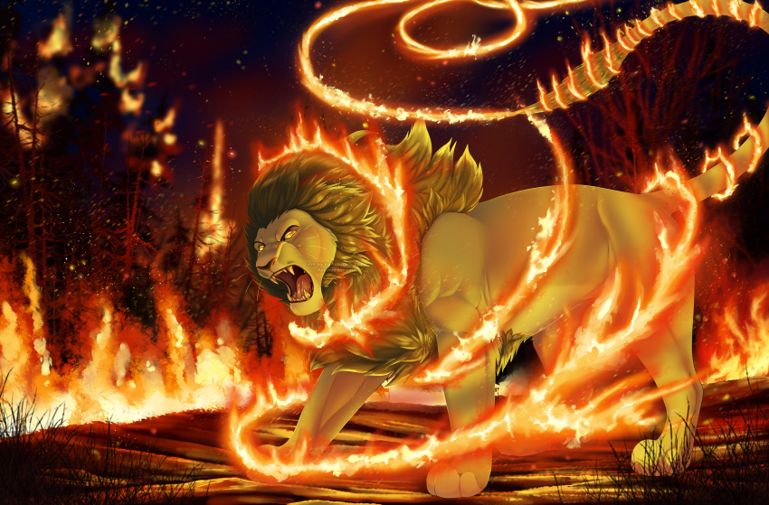 absurd_res angry blonde_highlights detailed_background elemental_manipulation felid feral fierce fire fire_manipulation forest forest_background forest_fire grass grey_mane hi_res highlights_(coloring) incisors lion lynxbrush male mammal mane nature nature_background night open_mouth orange_eyes pantherine plant quadruped roaring sekinar solo sparks tree