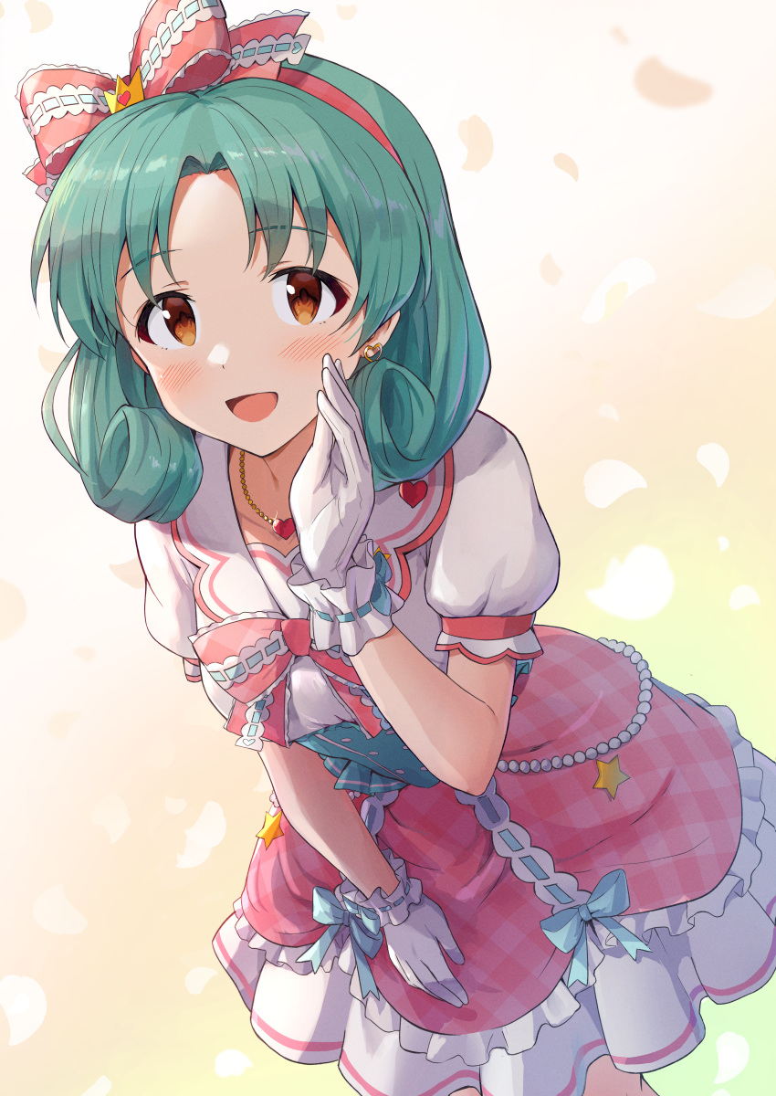 absurdres bangs blush breasts brown_eyes commentary dot_nose dress earrings flipped_hair frilled_ribbon frills gloves gradient_background green_hair hand_up heart heart_earrings heart_necklace highres idolmaster idolmaster_million_live! jewelry leaning_forward medium_breasts medium_hair necklace open_mouth parted_bangs petticoat pink_dress plaid plaid_dress puffy_short_sleeves puffy_sleeves ribbon short_sleeves shuucream_(syuichi) smile solo tokugawa_matsuri white_gloves