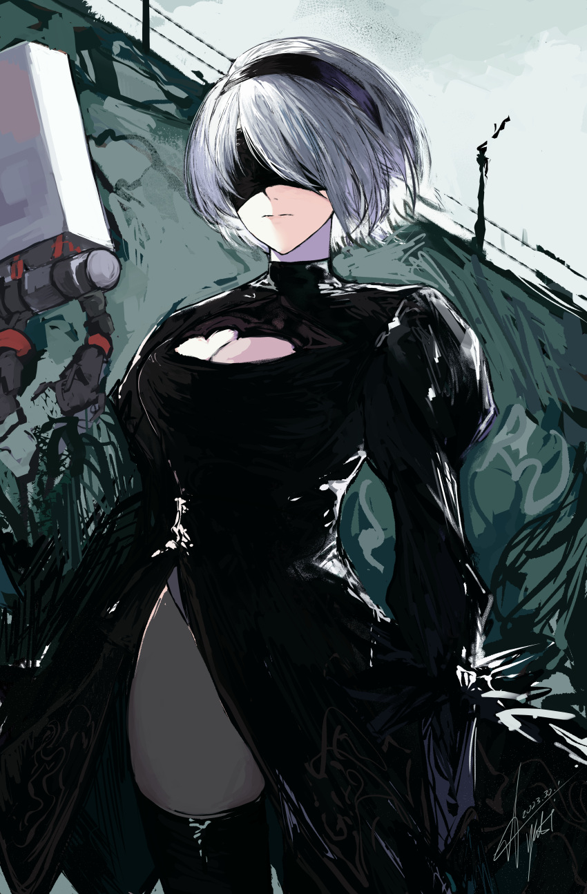 1girl absurdres black_blindfold black_dress black_hairband black_thighhighs blindfold breasts cleavage_cutout clothing_cutout cowboy_shot dress feather-trimmed_sleeves hairband highres juliet_sleeves long_sleeves medium_breasts nier_(series) nier_automata pod_(nier_automata) puffy_sleeves robot short_hair signature solo thighhighs white_hair yorha_no._2_type_b yuki_flourish