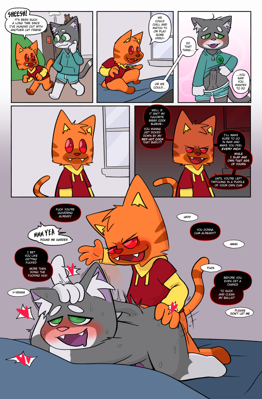 absurd_res anal butt_slap buttons_(milachu92) clothed clothing clothing_lift comic crushpepper dialogue dirty_talk domestic_cat english_text felid feline felis flashing fur hi_res hoodie mammal orange_body orange_fur pepper_(crushpepper) red_eyes shirt shirt_lift slap spanking tagme text topwear