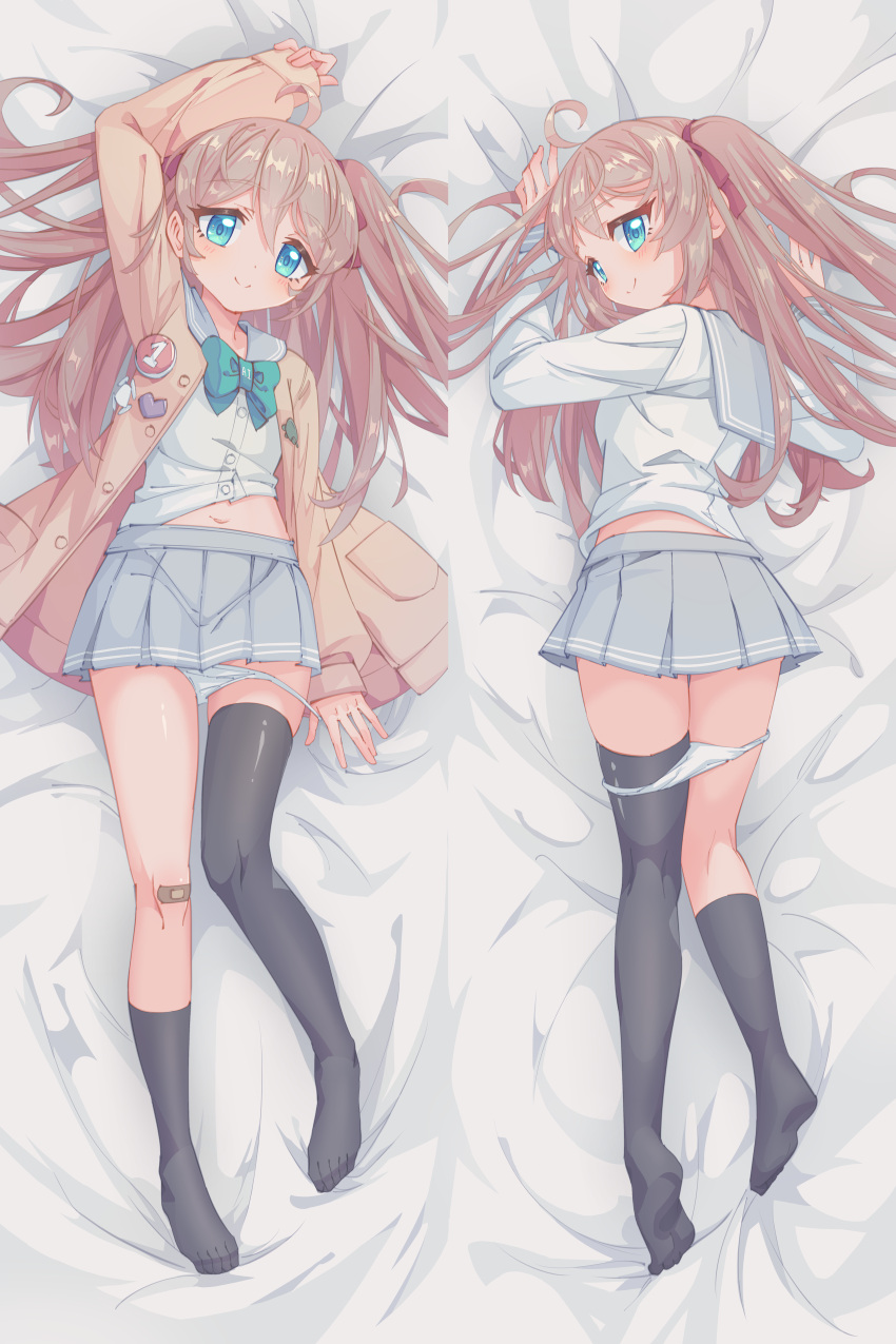 1girl absurdres ahoge ai-generated arm_up asymmetrical_legwear badge bandaid bandaid_on_knee bandaid_on_leg bed_sheet black_socks black_thighhighs blue_eyes blush bow bowtie button_badge cardigan chinese_commentary clothes_lift dakimakura_(medium) english_commentary full_body green_bow green_bowtie grey_sailor_collar grey_skirt hair_bow highres indie_virtual_youtuber kneehighs light_brown_hair live2d_inc. looking_at_viewer lying mixed-language_commentary momose_hiyori multiple_views navel neuro-sama no_shoes on_back on_stomach osu! panties panty_pull pleated_skirt red_bow rune_(dualhart) sailor_collar school_uniform serafuku shirt_lift single_kneehigh single_sock single_thighhigh skirt smile socks stomach thighhighs two_side_up underwear uneven_legwear virtual_youtuber white_panties white_serafuku yellow_cardigan