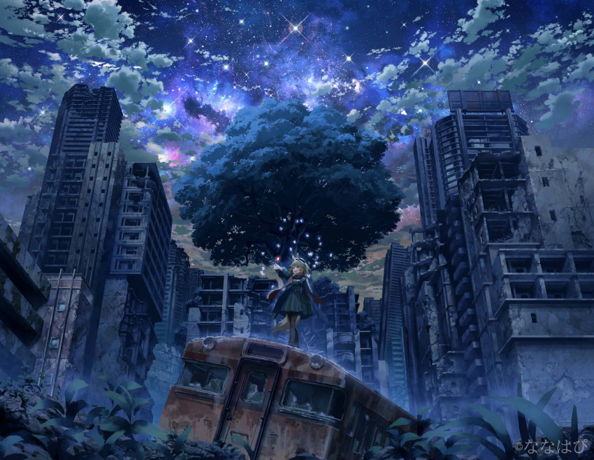 1girl aldin_nicola billboard broken_glass brown_hair bug building butterfly city cloud cloudy_sky fox_tail glass ground_vehicle highres open_mouth outstretched_hand ruins scenery seventh_happiness shijohane sky skyscraper solo star_(sky) starry_sky tail train tree