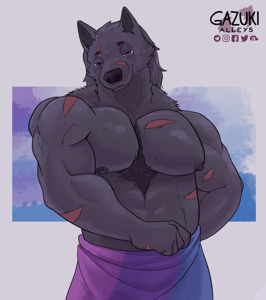 abs absurd_res anthro barazoku biceps blaidd_(elden_ring) canid canine canis elden_ring flirting fromsoftware fur gazuki hi_res male male/male mammal muscular muscular_anthro muscular_male nipples nude pecs scar shaded simple_background solo towel wolf