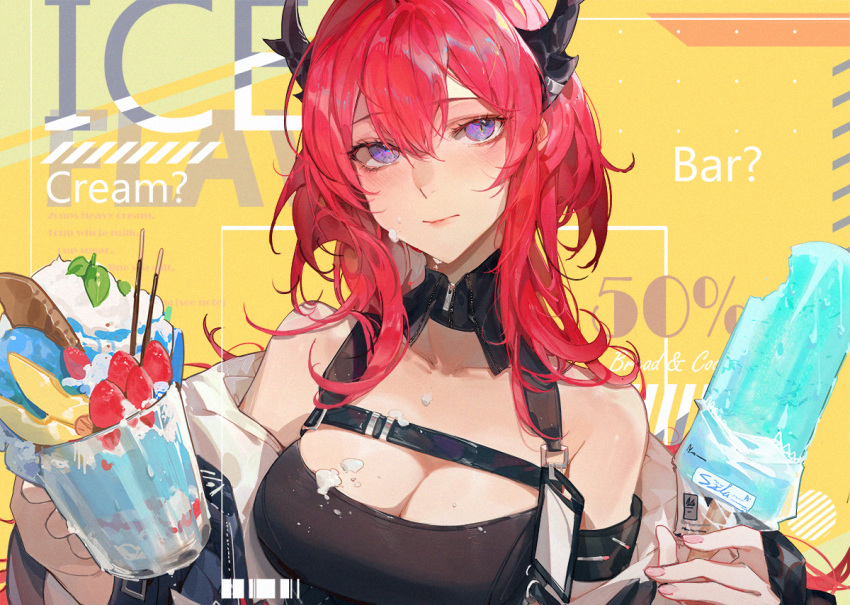 1girl arknights bangs bare_shoulders belt black_belt black_dress blush breasts chest_strap cleavage closed_mouth collarbone commission demon_girl demon_horns detached_collar dress fingernails food food_bite food_on_body food_on_breasts food_on_face hair_between_eyes holding holding_food horns ice_cream jacket jacket_partially_removed kuroduki_(pieat) large_breasts long_hair looking_at_viewer nail_polish off_shoulder pink_nails pixiv_commission popsicle purple_eyes red_hair solo sundae surtr_(arknights) upper_body white_jacket yellow_background