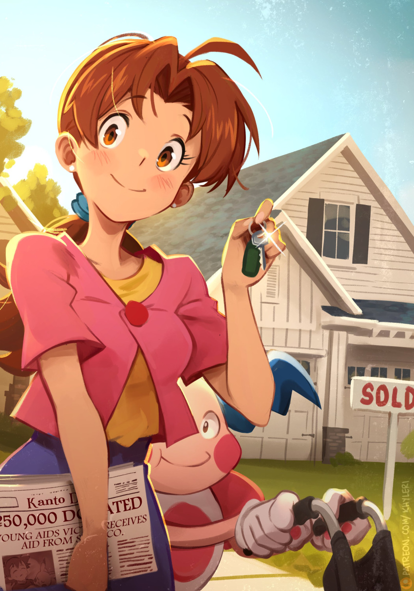 1boy 1girl absurdres ahoge ash_ketchum bangs blue_skirt blue_sky blush blush_stickers brown_eyes brown_hair closed_mouth collarbone commentary cowboy_shot day delia_ketchum dot_nose english_commentary english_text foliage grass hair_ornament hand_up highres holding holding_key holding_newspaper house key khyle. layered_clothes long_hair looking_at_viewer low_ponytail mr._mime newspaper parted_bangs patreon_username pikachu pink_shirt pokemon pokemon_(creature) shirt short_sleeves sign skirt sky smile split_mouth standing straight_hair web_address wheelchair yellow_shirt