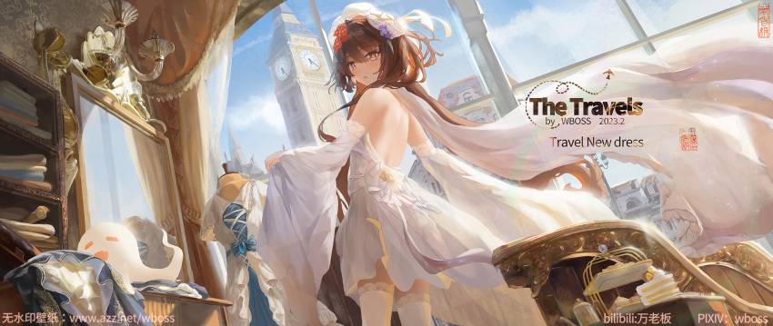1girl alternate_costume backless_dress backless_outfit backlighting bangs blush boo_tao_(genshin_impact) brown_hair chandelier clock clock_tower detached_sleeves dress elizabeth_tower european_architecture european_clothes flower-shaped_pupils genshin_impact highres hu_tao_(genshin_impact) long_hair looking_at_viewer mirror parted_lips red_eyes solo sunlight symbol-shaped_pupils thighhighs tower watermark wboss white_dress white_thighhighs wide_sleeves