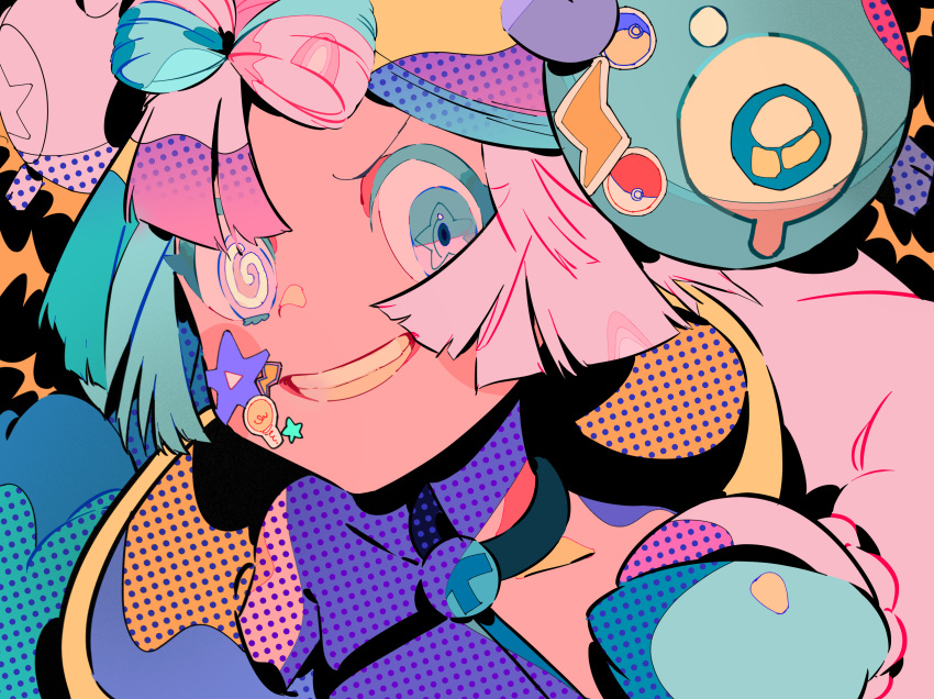 1girl absurdres blue_eyes blue_hair bow-shaped_hair character_hair_ornament grin hair_ornament heterochromia highres iono_(pokemon) jacket long_hair looking_at_viewer low-tied_long_hair matumot multicolored_hair oversized_clothes pink_eyes pink_hair poke_ball pokemon pokemon_(creature) pokemon_(game) pokemon_sv shirt sleeveless sleeveless_shirt smile solo sticker sticker_on_face twintails two-tone_hair upper_body yellow_jacket