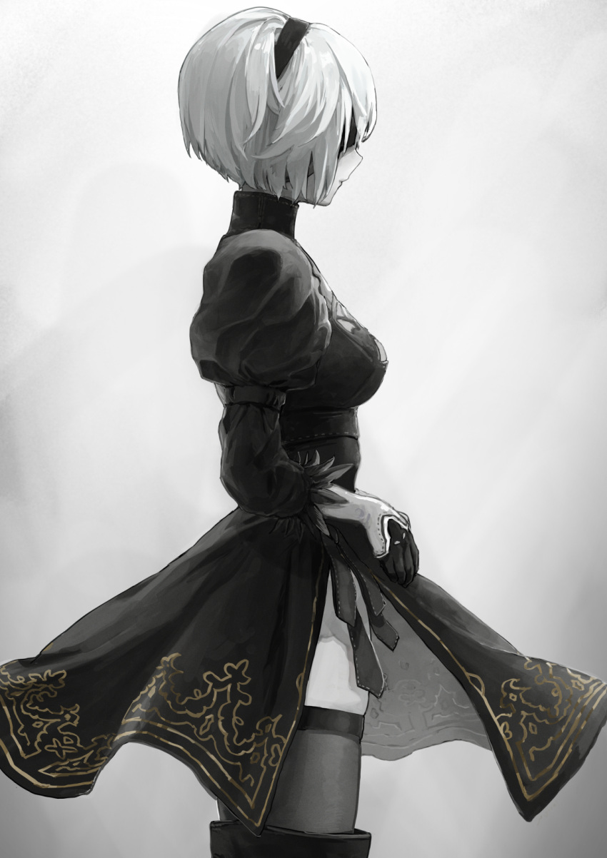 1girl black_blindfold black_dress black_hairband black_thighhighs blindfold boots breasts cleavage_cutout clothing_cutout dress feather-trimmed_sleeves hairband highres juliet_sleeves jyakku leather leather_boots long_sleeves medium_breasts nier_(series) nier_automata puffy_sleeves short_hair solo thigh_boots thighhighs thighs white_hair yorha_no._2_type_b