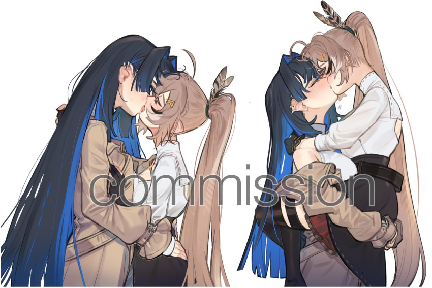 2girls ahoge blue_hair blush brown_hair closed_eyes commentary commission cowboy_shot english_commentary eus_ing gloves hololive hololive_english kiss long_hair long_sleeves multiple_girls multiple_views nanashi_mumei ouro_kronii ponytail simple_background thighhighs very_long_hair white_background yuri