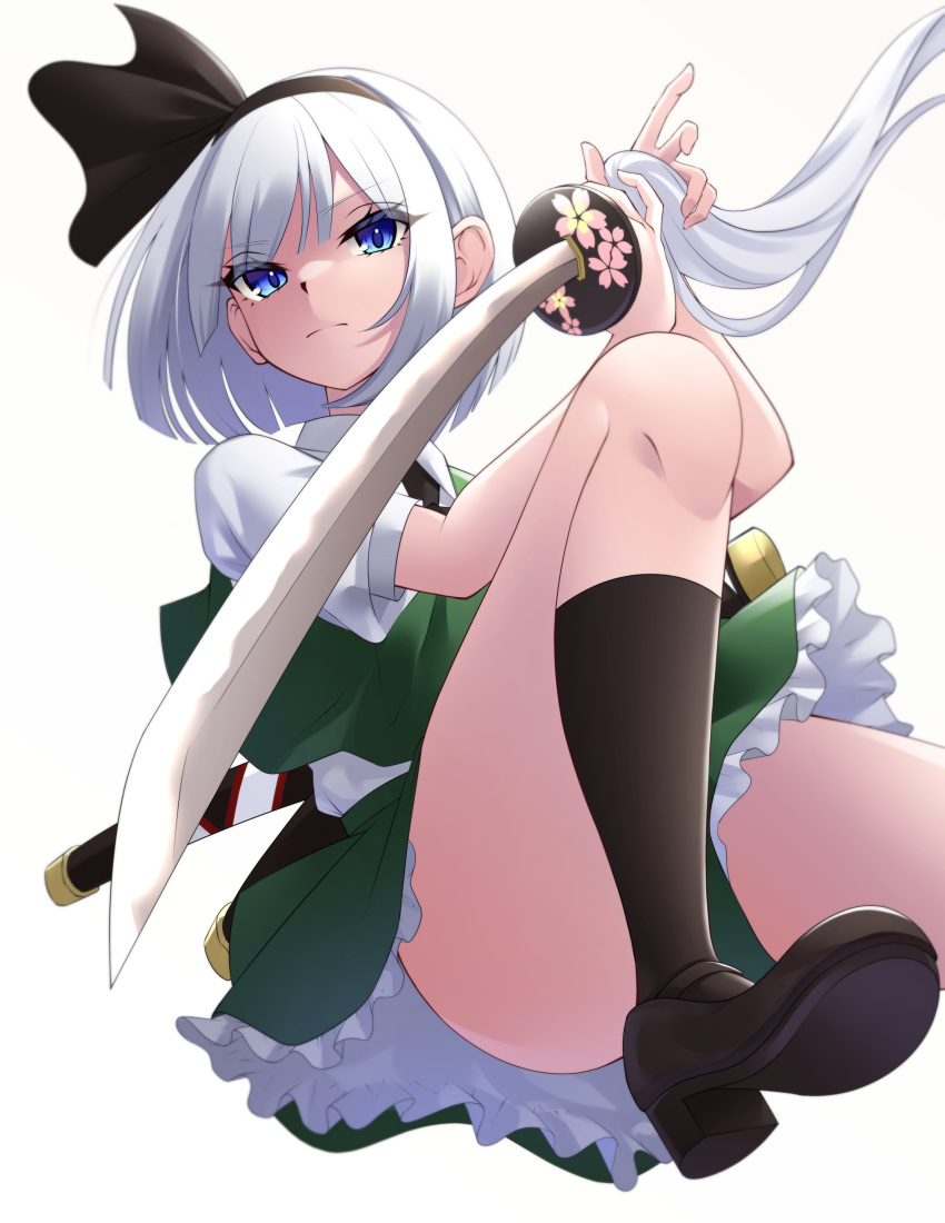 1girl absurdres bangs black_footwear black_hairband black_socks blue_eyes closed_mouth collared_shirt commentary_request frilled_skirt frills ghost green_skirt green_vest hairband high_heels highres holding holding_sword holding_weapon katana konpaku_youmu konpaku_youmu_(ghost) looking_at_viewer onikoroshi shirt short_hair short_sleeves simple_background skirt socks solo sword thighs touhou vest weapon white_background white_hair white_shirt