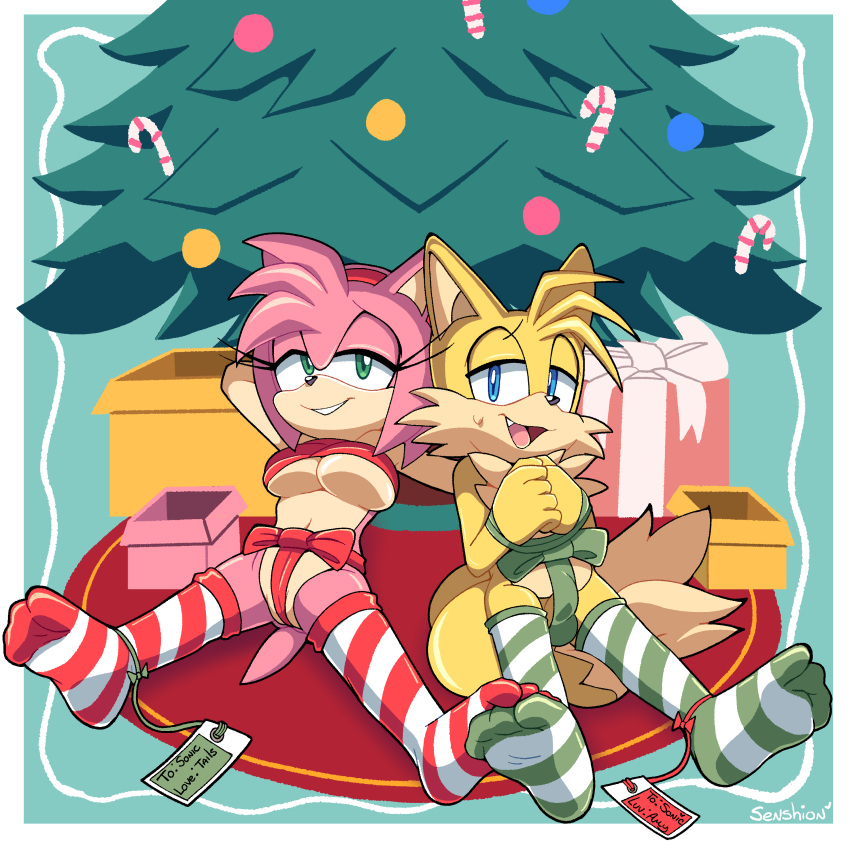 1:1 absurd_res amy_rose anthro blue_eyes canid canine christmas christmas_tree clothing digital_media_(artwork) duo eulipotyphlan eyebrows female fingers fox gift green_eyes half-closed_eyes hedgehog hi_res holidays legwear looking_at_viewer male mammal miles_prower narrowed_eyes open_mouth pattern_clothing pattern_legwear plant ribbons sega senshion sonic_the_hedgehog_(series) striped_clothing striped_legwear stripes text tree