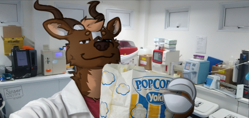 absurd_res antelope anthro bovid bovine brown_body brown_fur cervine circle_eyebrows deer digital_media_(artwork) draw_over eyebrows food fur hi_res hooves horn kudu laboratory laboratory_equipment looking_at_viewer male mammal popcorn scientific_instrument sinser smile solo spiral-horned_antelope