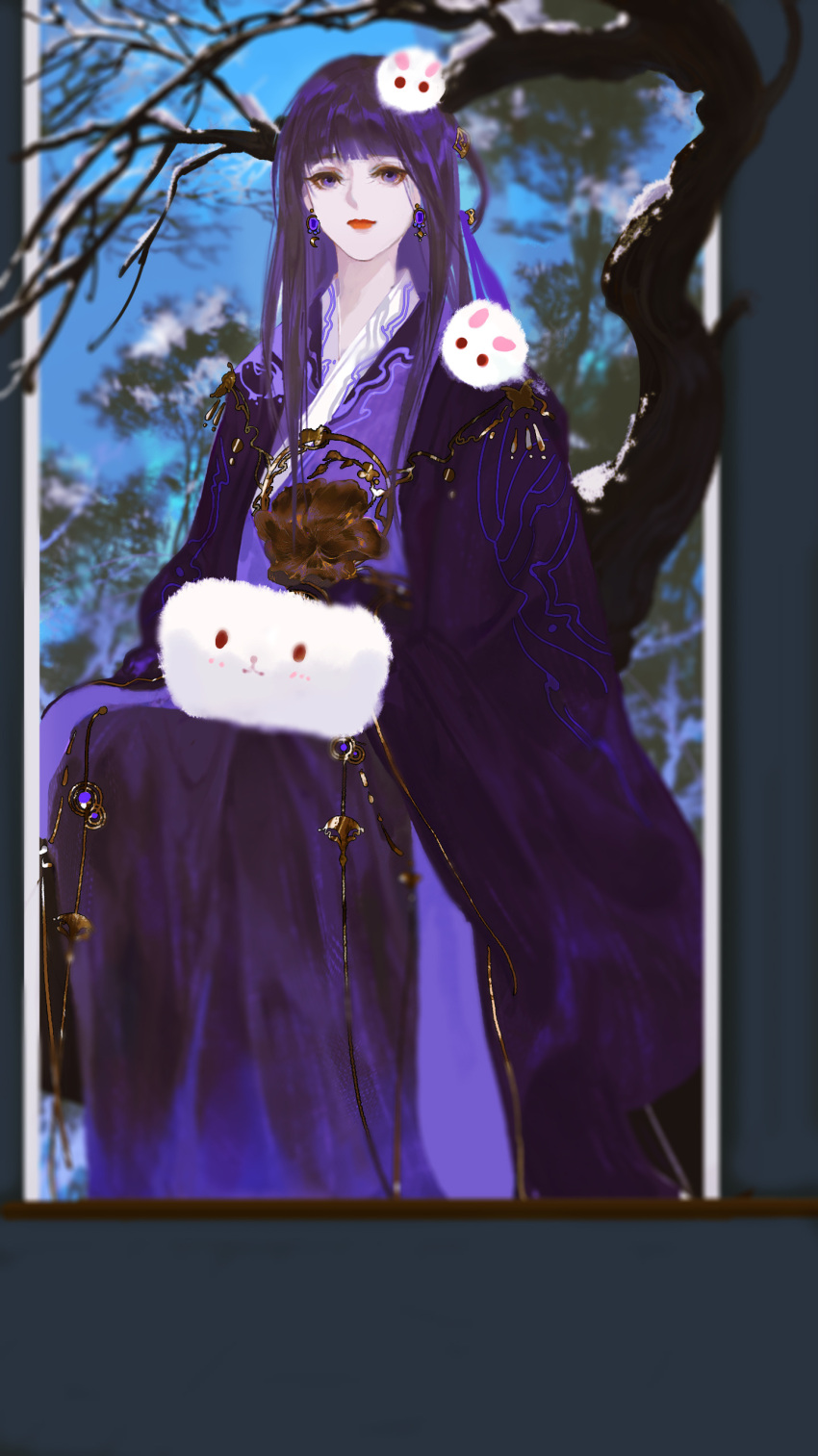 1girl absurdres bare_tree chinese_clothes closed_mouth earrings expressionless fan_yu_xi hair_ornament hanfu highres jewelry medium_hair muff purple_eyes purple_hair qin_shi_ming_yue shao_siming_(qin_shi_ming_yue) sitting smile snow solo tree white_pom_poms