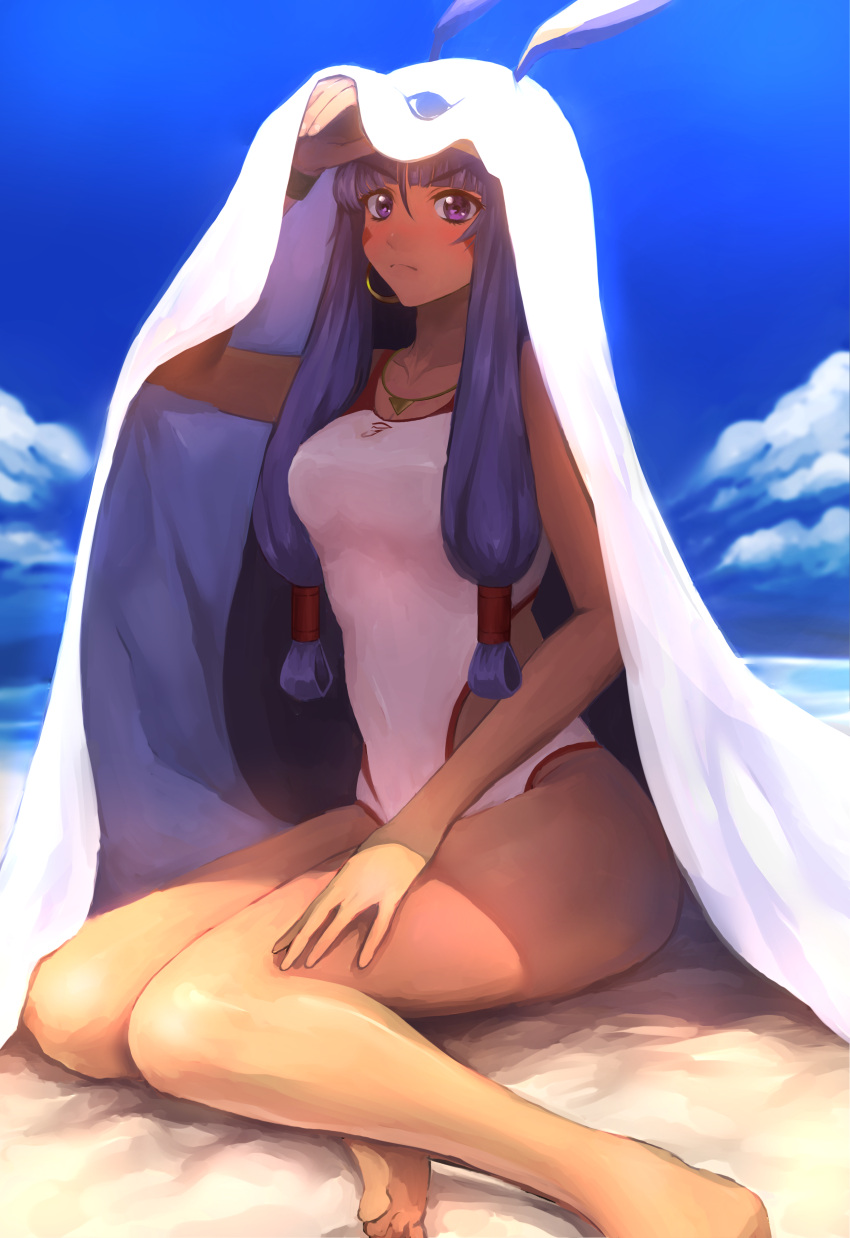 1girl absurdres barefoot dark-skinned_female dark_skin fate/grand_order fate_(series) highres long_hair looking_at_viewer nitocris_(fate) nitocris_(swimsuit_assassin)_(second_ascension)_(fate) one-piece_swimsuit purple_eyes purple_hair sixiland solo swimsuit