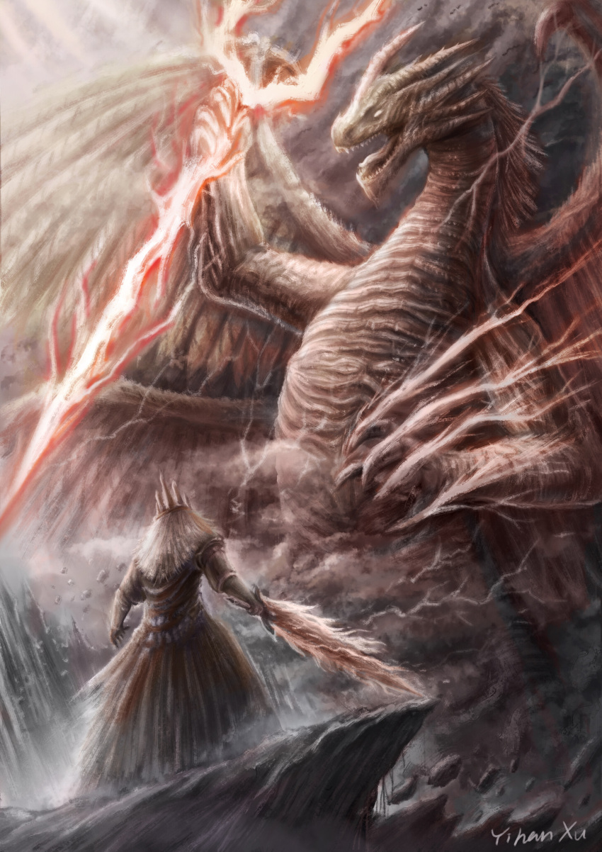 1boy 1other absurdres ancient_dragon_lansseax battle crown dark_souls_(series) dark_souls_i dragon dragon_horns dragon_wings elden_ring gwyn_lord_of_cinder highres holding holding_sword holding_weapon horns portrait red_lightning signature sword weapon western_dragon wings