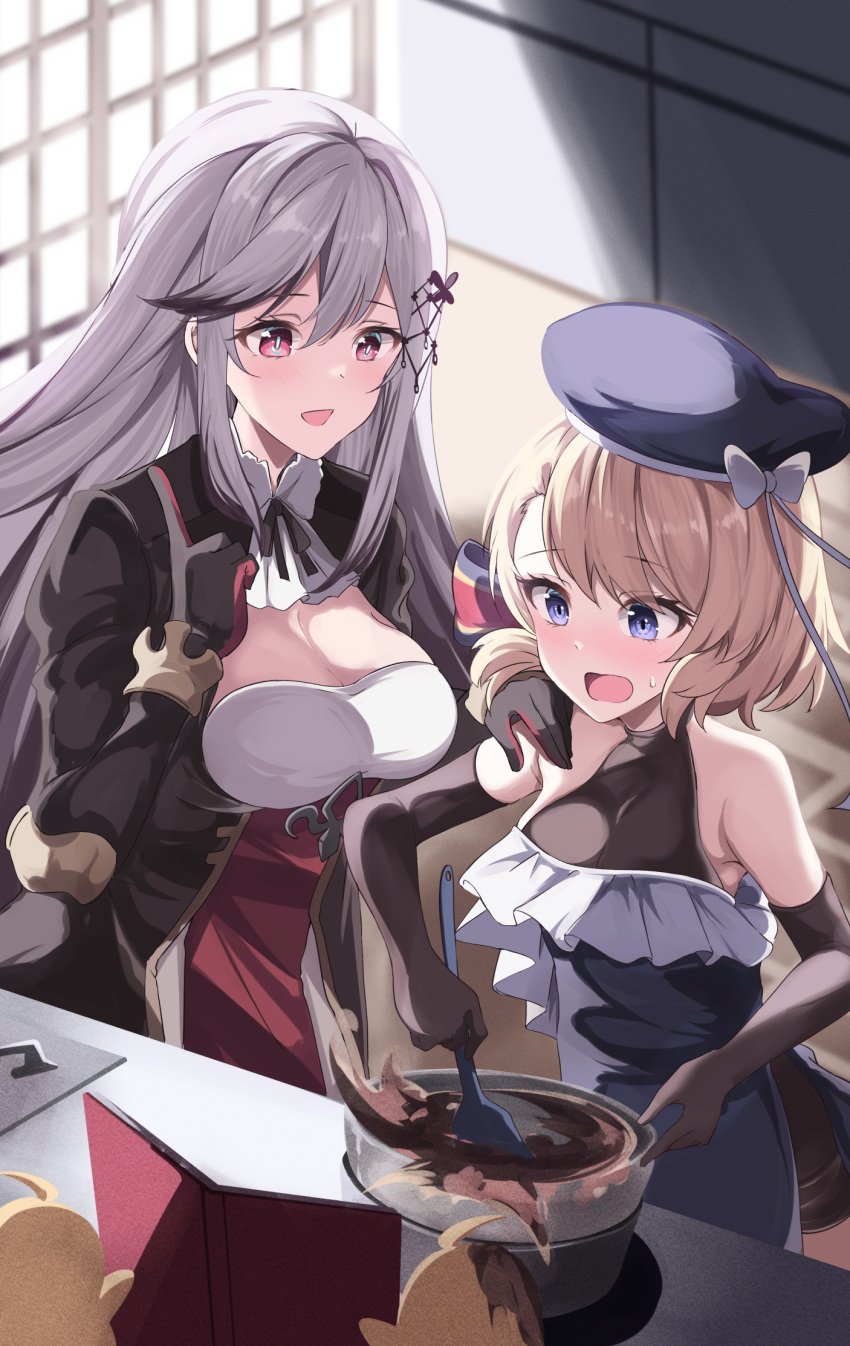 2girls acchii_(akina) azur_lane bangs bare_shoulders bird black_coat black_gloves blush book breasts brown_gloves butterfly_hair_ornament chick chocolate_making cleavage coat commentary_request commission dress dunkerque_(azur_lane) elbow_gloves framed_breasts gloves grey_hair hair_between_eyes hair_ornament hand_on_another's_shoulder highres indoors kitchen light_brown_hair long_hair long_sleeves looking_at_another manjuu_(azur_lane) medium_breasts multiple_girls open_book open_mouth purple_dress purple_eyes purple_headwear sidelocks skeb_commission standing z23_(azur_lane)