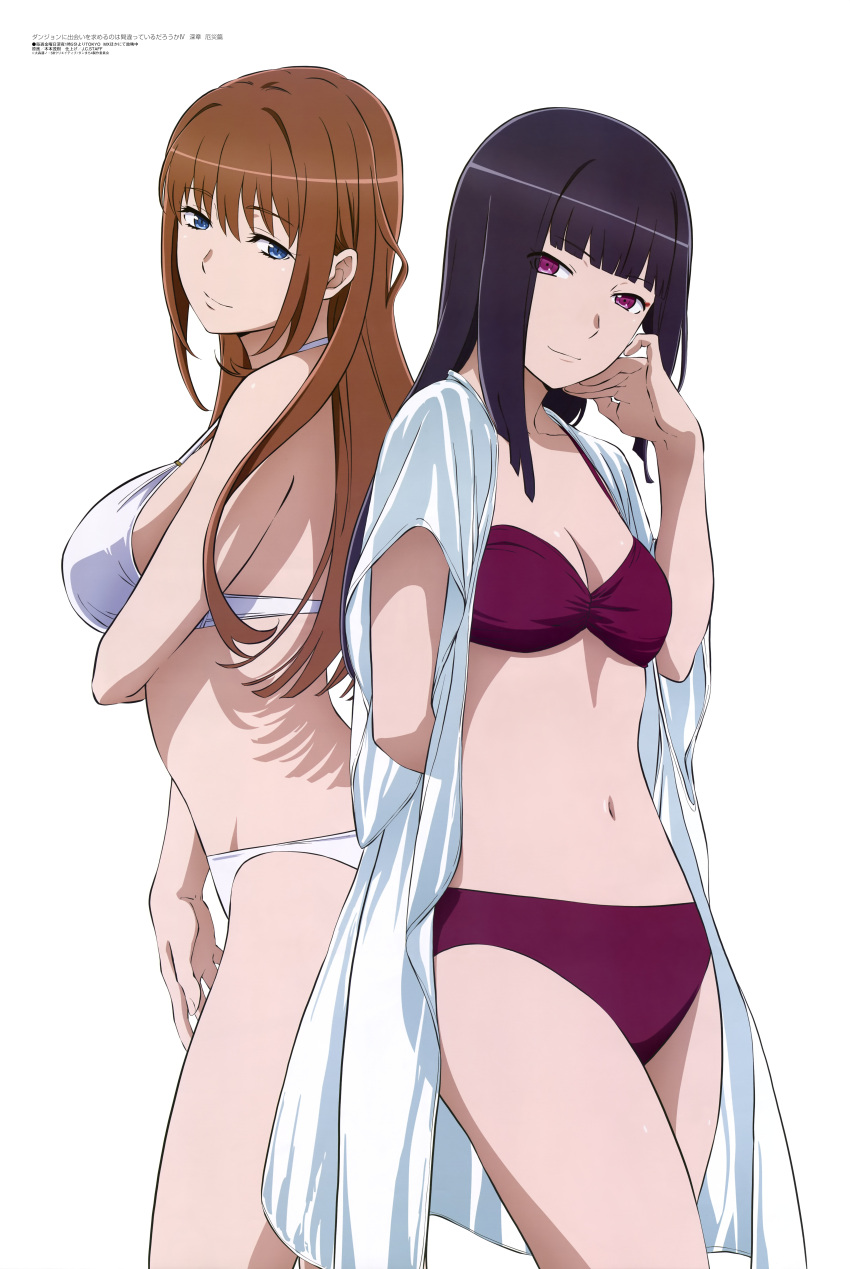 2girls absurdres arm_under_breasts blue_eyes breasts brown_hair cleavage dungeon_ni_deai_wo_motomeru_no_wa_machigatteiru_darou_ka highres large_breasts long_hair looking_at_viewer magazine_scan medium_breasts megami_magazine multiple_girls navel official_art scan simple_background smile swimsuit thighs white_background