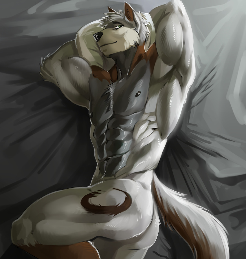 abs anthro arcori arm_tuft bed bed_sheet bedding bedroom_eyes biceps big_biceps big_muscles big_pecs black_nipples black_nose blanket brown_body brown_fur butt canid canine canis chest_tuft deltoids digital_drawing_(artwork) digital_media_(artwork) elbow_tuft fingers fur fur_markings furniture green_eyes grey_body grey_fur grey_hair hair half-closed_eyes hands_behind_head head_on_pillow hi_res looking_at_viewer lying male mammal markings muscular muscular_anthro muscular_butt muscular_male muscular_thighs narrowed_eyes neck_muscles nightarm nipples nude obliques pecs phone pillow portrait seductive serratus simple_background smile smiling_at_viewer smirk solo solo_focus tan_body tan_fur three-quarter_portrait triceps tuft v-cut wolf