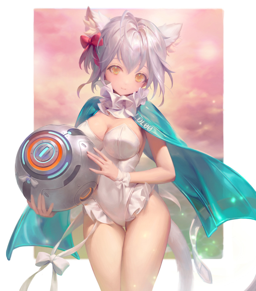 1girl absurdres animal_ear_fluff animal_ears antenna_hair bangs border bow breasts cat_ears cat_girl cat_tail cleavage closed_mouth commentary cowboy_shot detached english_commentary frilled_leotard frills grey_hair hair_between_eyes hair_bow highres holding large_breasts leotard looking_at_viewer original outside_border short_hair smile solo tail white_border white_bow white_leotard white_wristband yellow_eyes yuho_kim