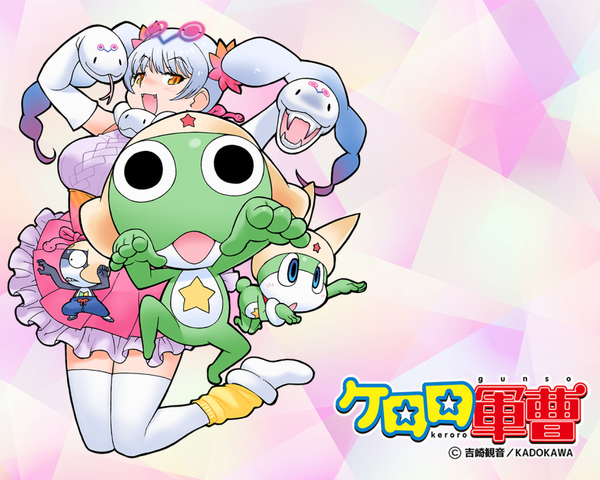 black_eyes blue_eyes blue_hair dress elbow_gloves frog gloves hat keroro keroro_gunsou kneehighs long_hair new_keroro_(keroro_gunsou) official_art official_wallpaper open_mouth ribbon smile snake socks star_(symbol) tamama twintails viper_momi_(keroro_gunsou) yellow_eyes yoshizaki_mine