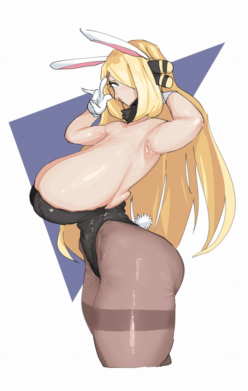 1girl absurdres animal_ears armpits ass black_leotard blonde_hair breasts cynthia_(pokemon) fake_animal_ears fake_tail hair_over_one_eye highres huge_ass huge_breasts leebo_(leeboxxx) leotard long_hair looking_at_viewer pantyhose playboy_bunny pointy_breasts pokemon pokemon_(game) pokemon_dppt rabbit_ears rabbit_tail sideboob sideways_glance simple_background solo strapless strapless_leotard tail white_background