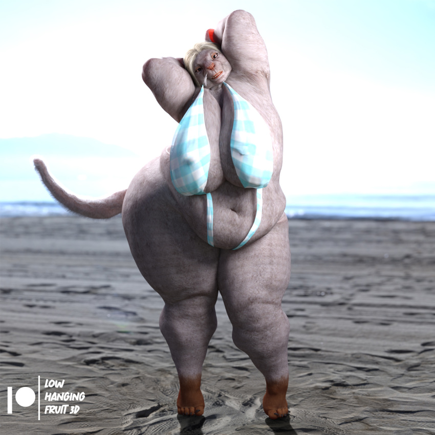 1:1 3d_(artwork) anthro beach belly big_breasts big_butt bikini blonde_hair breasts butt clothing daz3d digital_media_(artwork) elderly_female female hair hands_behind_back hi_res legwear looking_at_viewer lowhangingfruit3d mammal marianne_(lhf3d) mature_anthro mature_female navel obese obese_anthro obese_female old overweight overweight_anthro overweight_female pinup pose rodent seaside solo standing swimwear thick_thighs thigh_highs wide_hips