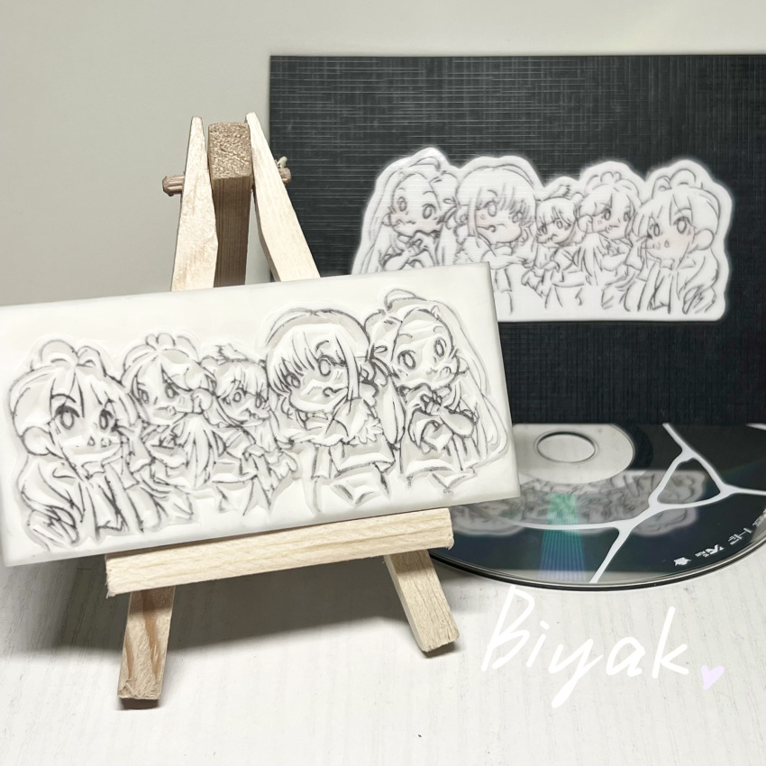 5girls :3 absurdres animification bangs blush cd chibi chinese_commentary crossed_arms easel everyone hair_behind_ear headset heart highres hong_eun-chae huh_yun-jin ink_(medium) jacket k-pop kim_chae-won kimyak le_sserafim long_hair looking_at_viewer miyawaki_sakura multiple_girls nakamura_kazuha pants photo_(medium) photoshop_(medium) real_life tiles traditional_media unconventional_media v