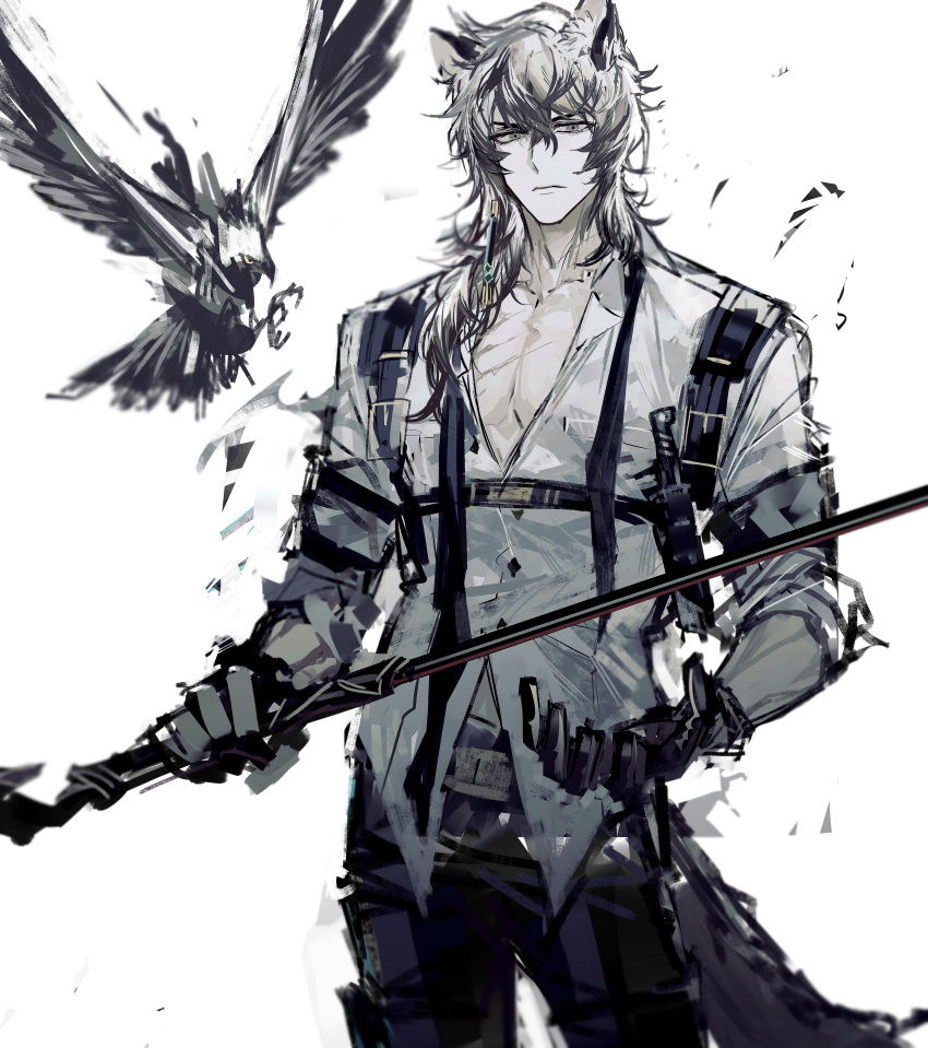 1boy absurdres animal_ear_fluff animal_ears arknights belt bird black_gloves black_pants buttons chest_harness closed_mouth collarbone cowboy_shot dagger earrings elite_ii_(arknights) expressionless gloves harness highres holding holding_sword holding_weapon jewelry knife leopard_ears leopard_tail long_sleeves looking_at_viewer male_focus multicolored_hair open_clothes open_shirt pants remsrar sheath sheathed shirt silverash_(arknights) simple_background single_earring solo streaked_hair sword tail tenzin_(arknights) undone_necktie weapon white_background white_hair white_shirt