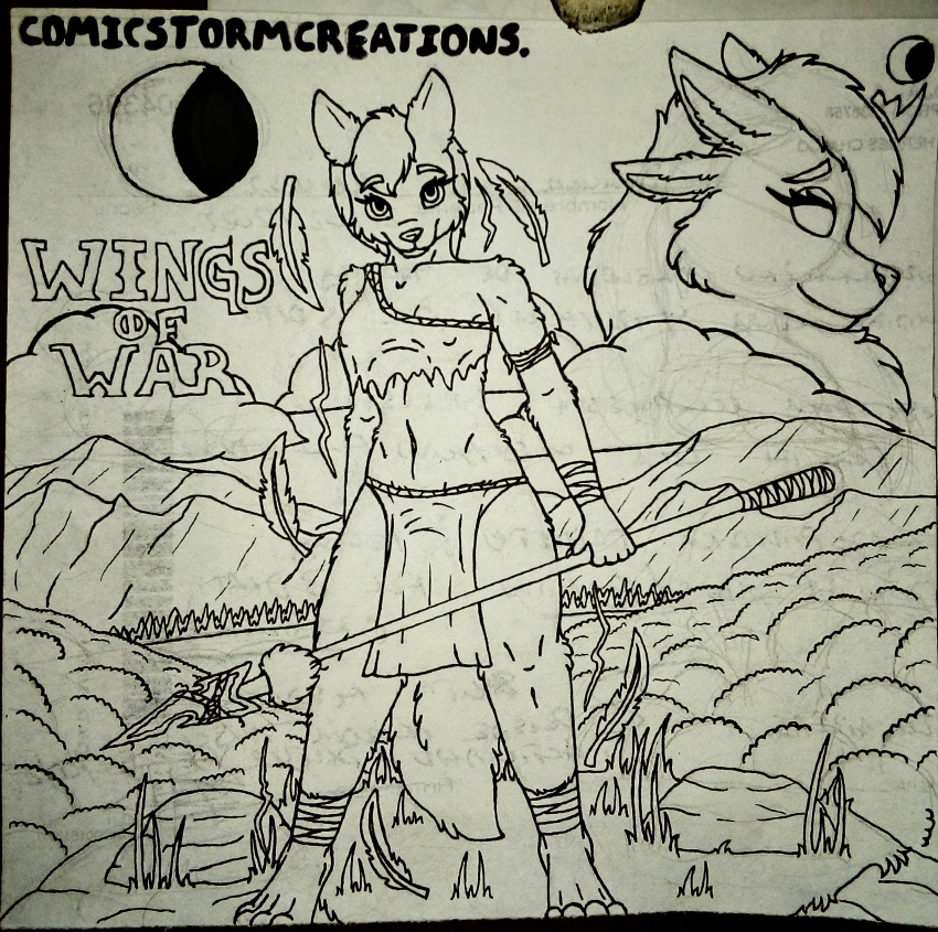 2023 4_ears 4_fingers 5_fingers absurd_res ambiguous_gender anthro arm_markings arm_tuft bandeau barefoot black_and_white bottomwear breasts canid canine canis cheek_tuft cleavage clothed clothing cloud comicstormcreations crown curvy_figure deity duo elbow_tuft electricity electricity_manipulation elemental_manipulation eyebrows eyelashes facial_tuft feathers featureless_eyes feet female female/female fingers floating_crown fluffy fluffy_tail forest forest_background fur grass hair hand_wraps headgear hi_res holding_object holding_spear holding_weapon inner_ear_fluff leg_markings leg_tuft leg_wrap loincloth long_tail looking_at_viewer mammal markings melee_weapon monochrome moon moon_goddess_(comicstormcreations) mountain multi_ear narrowed_eyes nature nature_background navel outside partially_clothed paws plant polearm pose ribbons rock shoulder_tuft simple_background slim_female small_breasts small_waist smile spear spread_legs spreading tail teenager text thick_thighs toes topwear traditional_media_(artwork) tree tribal tribal_clothing tuft tufted_ears weapon wolf wraps young