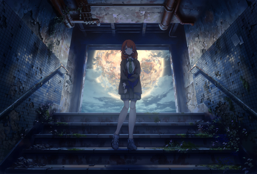 1girl blue_eyes crack fragile_(vocaloid) full_body handrail highres industrial_pipe jacket looking_at_viewer moon necktie night open_clothes open_jacket overgrown pleated_skirt red_hair ruins scenery shijohane shirt skirt solo stairs standing white_footwear white_shirt wide_shot