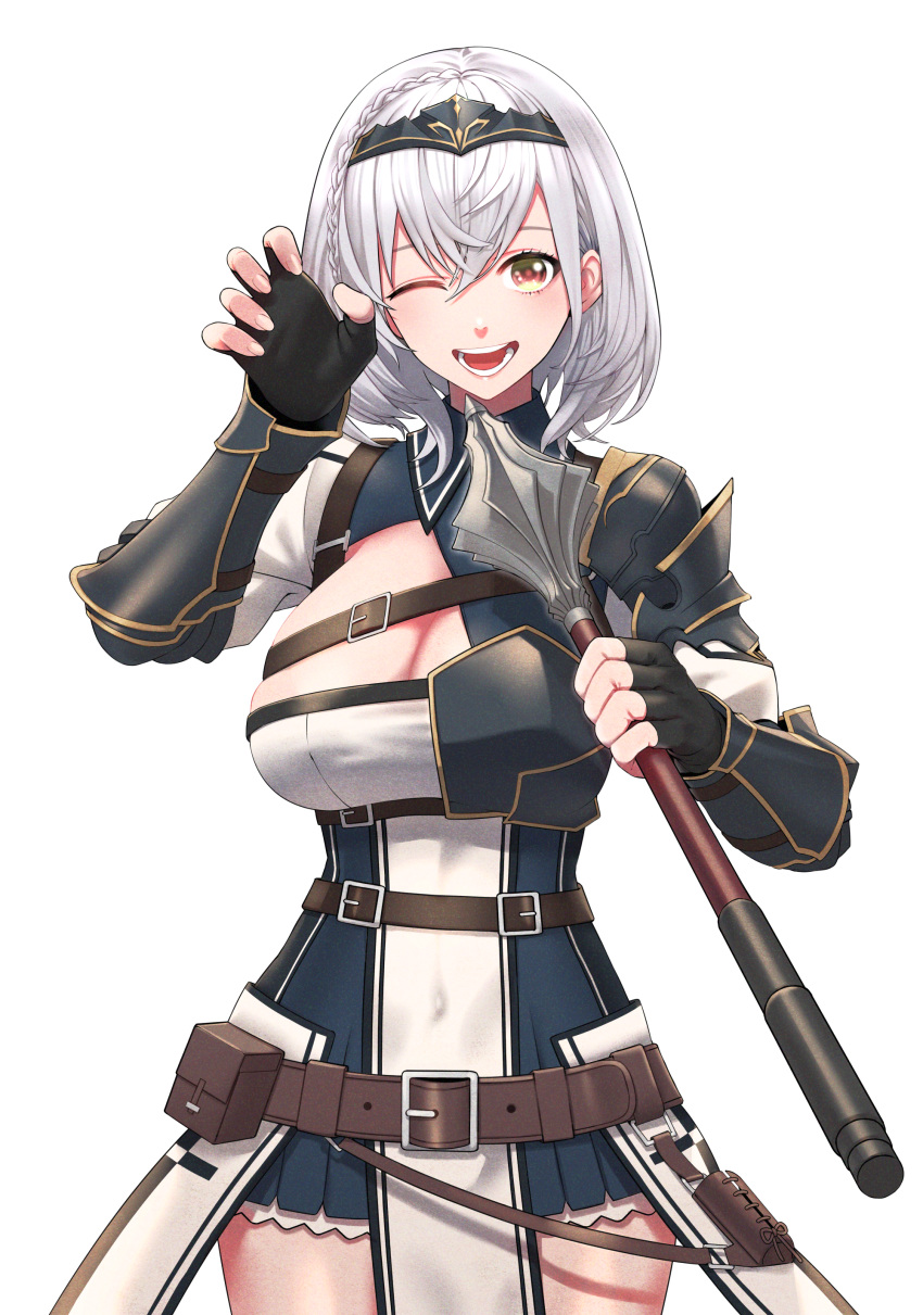 1girl absurdres armor belt_buckle black_gloves breasts buckle cleavage covered_navel cowboy_shot er-mint facing_viewer fingerless_gloves gloves grey_hair highres holding holding_weapon hololive large_breasts mace one_eye_closed open_mouth shirogane_noel short_hair simple_background smile solo teeth tiara weapon white_background yellow_eyes