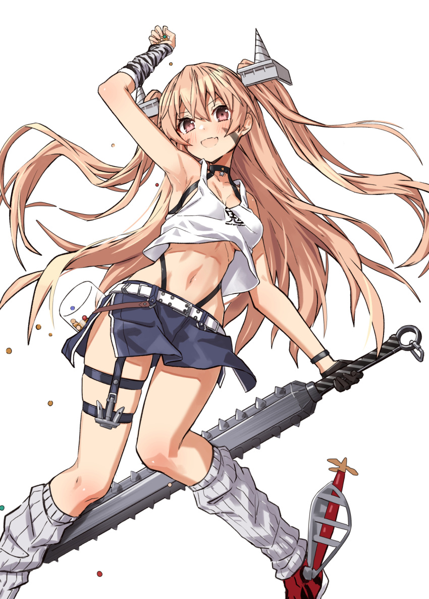 1girl armpits asymmetrical_gloves bangs beans black_gloves blue_skirt blush breasts brown_eyes club_(weapon) fingerless_gloves gloves hair_between_eyes highres holding holding_weapon johnston_(kancolle) kanabou kantai_collection leg_warmers light_brown_hair long_hair mismatched_gloves navel official_alternate_costume open_mouth setsubun simple_background single_fingerless_glove skirt small_breasts smile solo takanashi_kei_(hitsujikan) tank_top two_side_up weapon white_background white_tank_top