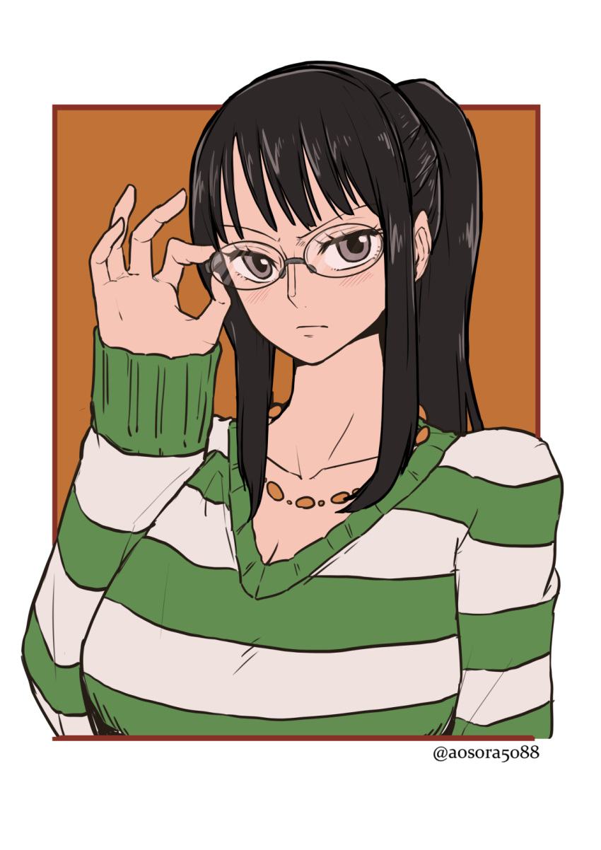 1girl adjusting_eyewear aosora2823 bangs black_hair breasts closed_mouth commentary_request glasses highres large_breasts long_hair long_sleeves looking_at_viewer nico_robin one_piece one_piece:_strong_world ponytail portrait shirt solo striped striped_shirt