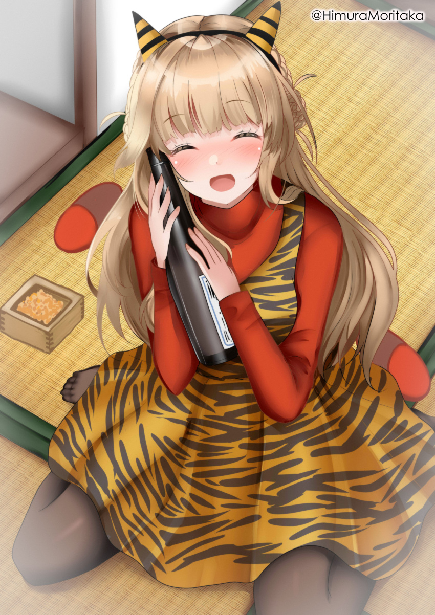 1girl absurdres beans black_pantyhose blush bottle closed_eyes dress drunk facing_viewer fake_horns highres himura_moritaka holding holding_bottle horns kantai_collection light_brown_hair long_hair long_sleeves masu official_alternate_costume open_mouth pantyhose pinafore_dress ranger_(kancolle) red_shirt setsubun shirt sitting smile solo tatami twitter_username wariza yellow_dress