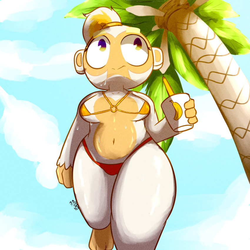 adora_(bloons) anthro banana beep! beverage bikini bikini_bottom bikini_top blonde_hair bloons_tower_defense breasts clothed clothing container deity female food fruit fur genitals hair haplorhine hi_res humanoid light low-angle_view mammal milkshake monkey navel ninja_kiwi palm_tree plant primate shake simple_background skimpy sky smile solo standing sunlight swimwear thick_thighs topwear tree white_body white_fur worm's-eye_view